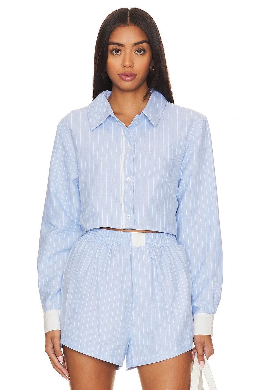 SNDYS Darian Blue White Striped Cropped Long Sleeve Top Shorts Set S